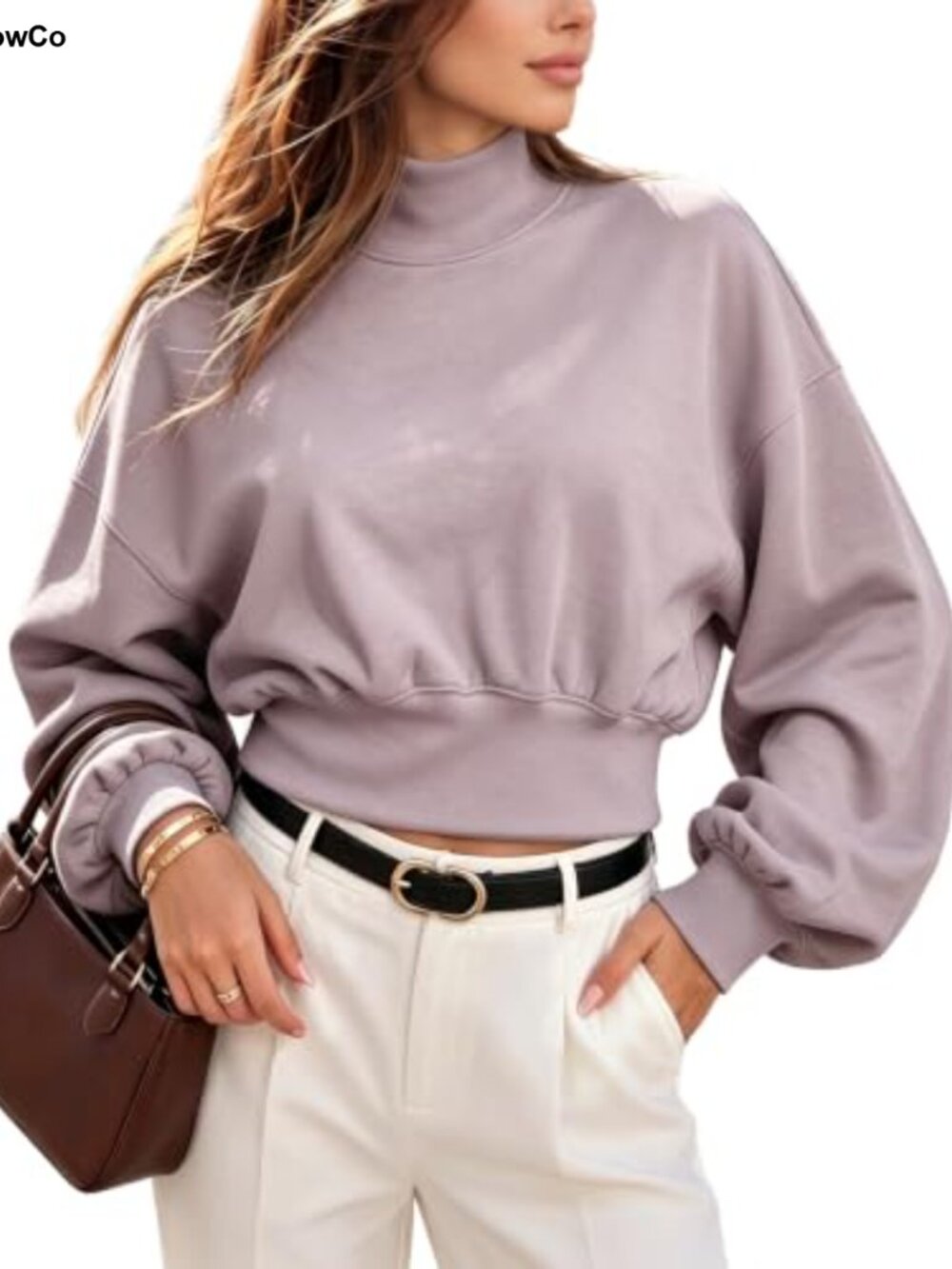 Mock Neck Cropped Oversized Sweatshirt Modal Soft Brushed Fleece Pullover
